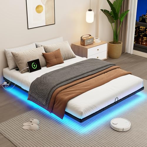 Queen Size Floating Metal Platform Bed Frame with LED Lights & Charging Station - Lurxhome