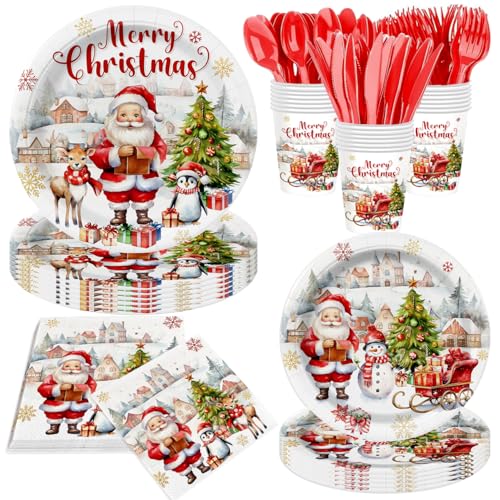 Merry Christmas Party Supplies 140-Piece Tableware Set for 20 Guests - Plates, Napkins, Cups & Cutlery