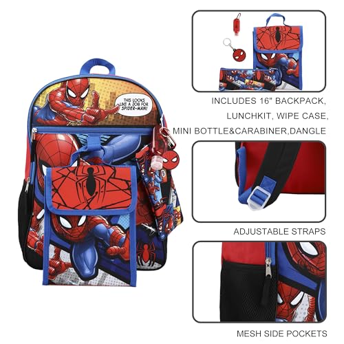 Kids Spider-Man Backpack Set with 6 Pieces - Blue, for Little & Big Kids