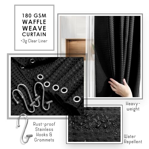 Clara Clark Black Bathroom Set with Shower Curtain & Rugs - Complete 12-Piece Kit