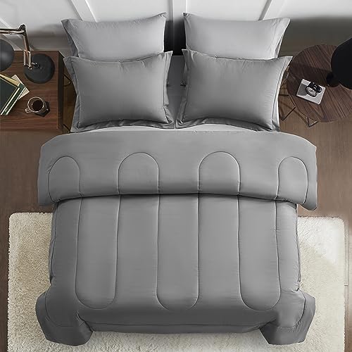 Grey Full Size Comforter Set 7 Pieces Bed in a Bag - All Season Bedding
