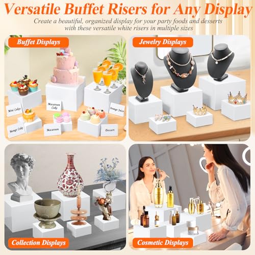 White Acrylic Buffet Risers Set with Mini Sign & Markers - 10 Sizes