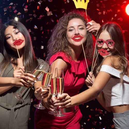Amosfun 20pcs Red Lips Photo Booth Props Tea Party Decorations Glitter Photo Props for Wedding Anniversary Birthday Party Cake Decoration