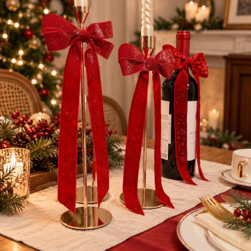 12Pcs Red Velvet Christmas Bows with Gold Thread, 5x10 in Holiday Decorations