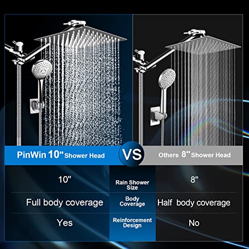 PinWin 10 Inch Chrome Rain Shower Head & 11 Inch Extension Arm - High Pressure Handheld Combo
