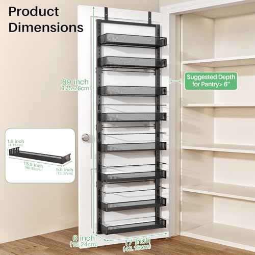 SNTD Black Over the Door Organizer 8 Tiers, 17" W x 6" D x 69" H, Adjustable Fit