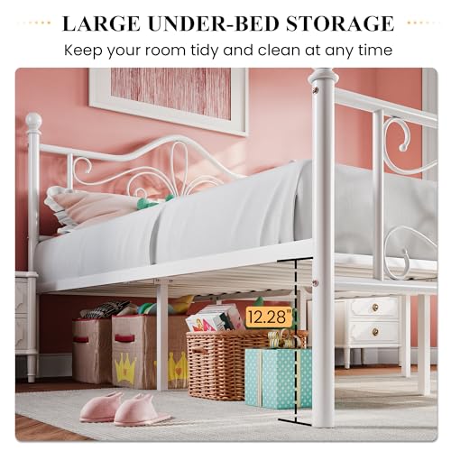 Twin Size Metal Bed Frame with Butterfly Headboard - White