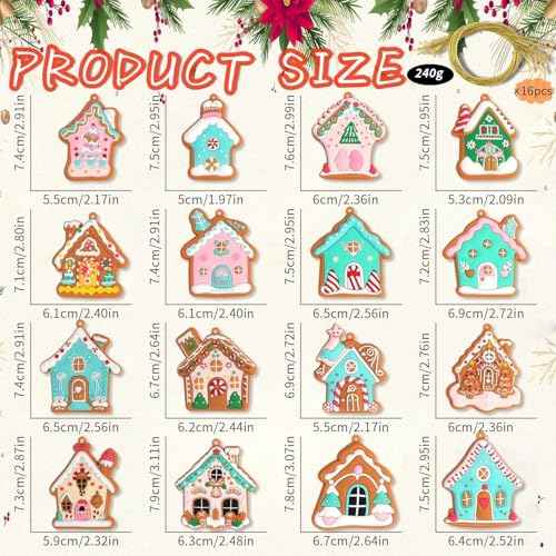 Soft Gingerbread House Ornaments - 16pcs Fake Christmas Cookies, Cute Gingerbread Man Figurines with Cord for Xmas Tree