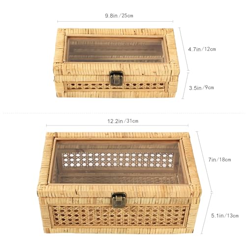 Natural Rattan Decorative Storage Box with Glass Lid Set of 2 - 12.2" x 7" x 5.1"