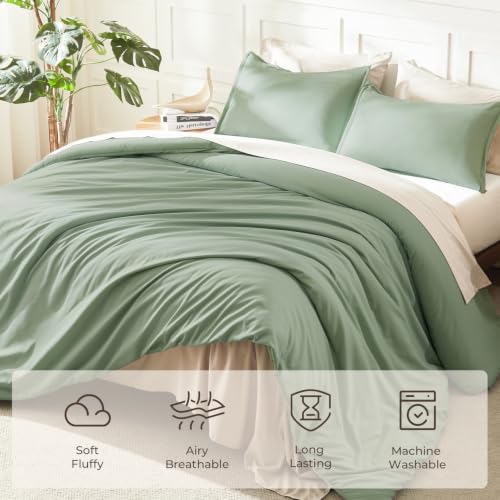 Queen Comforter Set - Sage Green Lightweight Solid Bed Bedding 3 Pieces - Includes Pillowcases