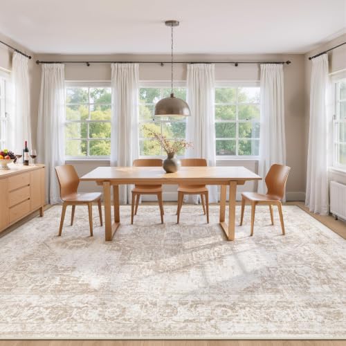 Zomfy 8x10 Beige Vintage Washable Area Rug - Distressed Indoor Floor Carpet