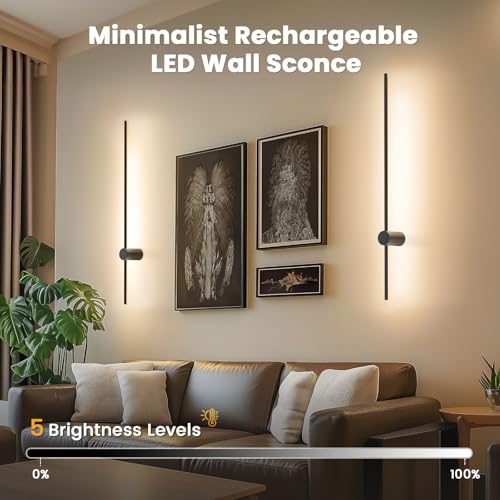 NIORSUN Black 35.4 Inch Rechargeable LED Wall Sconce Set of 2 with Remote - Dimmable Wireless Modern Lighting for Living Room & Bedroom