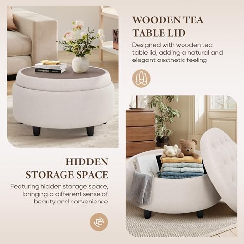 COLAMY Classic Beige Fabric Round Storage Ottoman with Reversible Tray Lid – Multi-Functional Footrest & Small Coffee Table