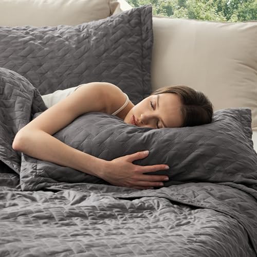 Oversized King Quilt Set with Basket Weave Pattern - Grey, 120x120 Inches - Lightweight Bedspread & Pillow Shams