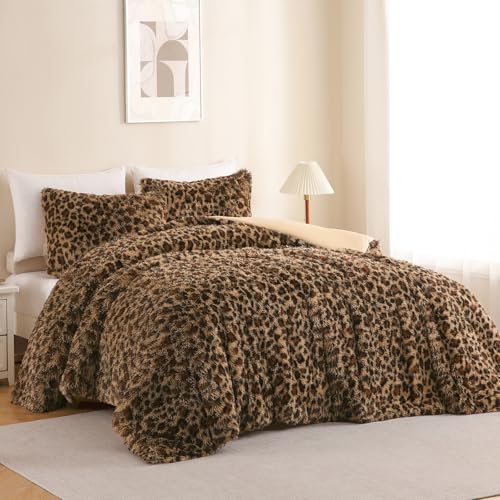Bolder Cheetah Faux Fur Comforter Set Full Size 3 Pieces - Brown