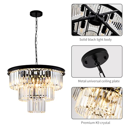 Black 20-Inch Modern Crystal Chandelier - 3-Tier Adjustable Pendant Light Fixture