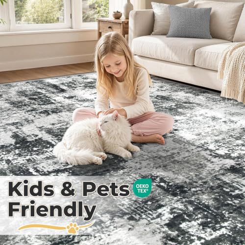 MXSANYOO 9x12 Black Grey Washable Area Rug Non-Slip Stain-Resistant Low Pile Modern Carpet for Dining & Bedroom