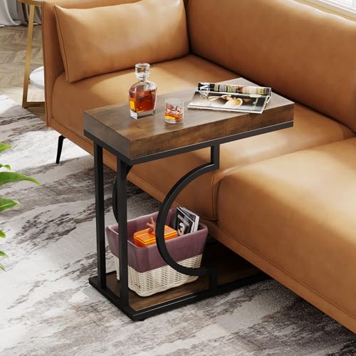 Tribesigns Brown and Black C-Shaped Side Table for Couch - Modern Narrow End Table