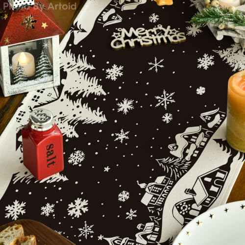 Artoid Mode Igloo Pine Snowflake Silhouette Christmas Table Runner, Black Seasonal Winter Kitchen Dining Table Decor for Home Party 13x72 Inch
