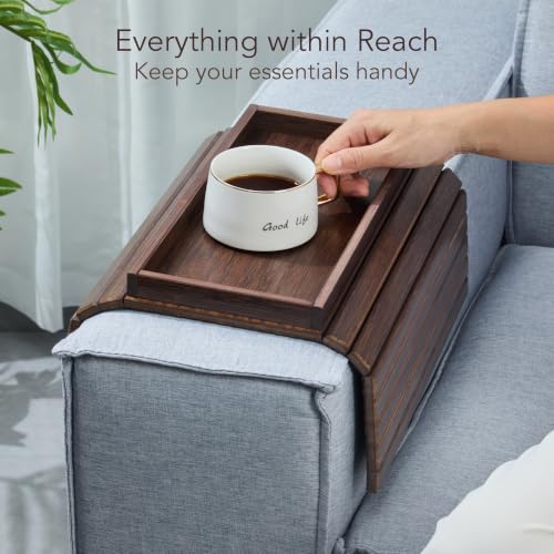 Walnut Couch Arm Tray with Spacious Storage Box and Non-Slip Felt Base