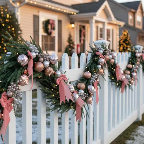 CraftyDream 6ft Christmas Norfolk Pine Garland with Lights – Rose Gold