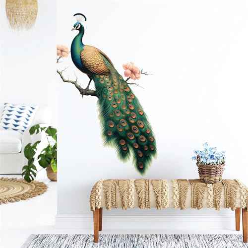 Green Peacock Peach Blossom Painted Wall Stickers, sacinora Beautiful Art Wall Decals Removable Vinyl Peel and Stick for Living Room Bedroom Door Backgrounds Home Decorations