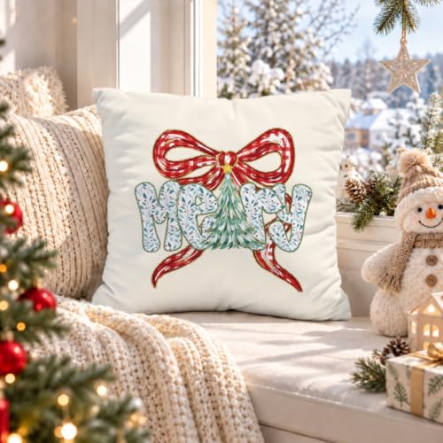 Christmas Bow Pillow Cover 18x18 Inch, Red Ribbon Tree Throw Pillow,