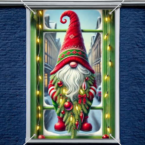 IVN Christmas Gnome Window Banner 31x47 Inch - Santa Hat, Pine Branch Holiday Decor