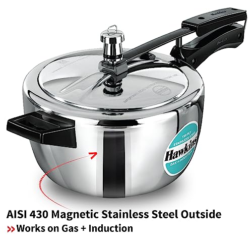 Hawkins 3.7 Quarts Triply Stainless Steel Pressure Cooker with Inner Lid, Silver HSST35