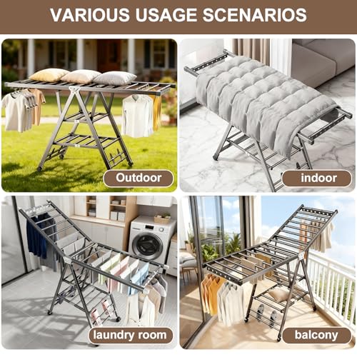 Heavy Duty 3-Tier Clothes Drying Rack with Wheels, 5.9ft Large Capacity