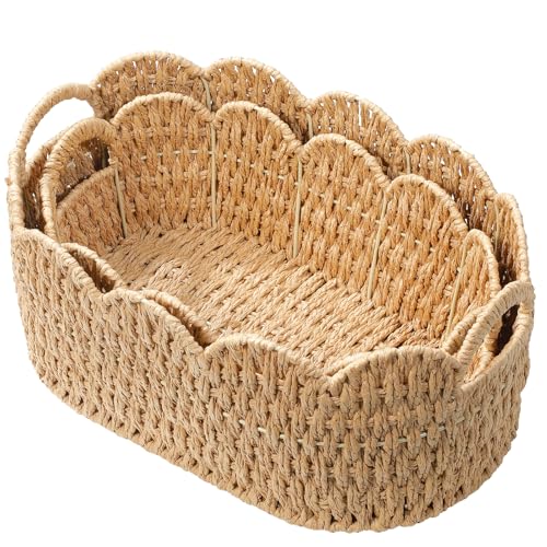 Natural Paper Rope Scalloped Basket Set of 2 - Wicker Storage Baskets for Shelves, Toys, Gifts & Decor
