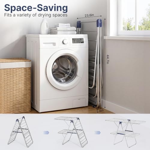KINGBOARD Large Dark Blue Stainless Steel 2-Tier Foldable Clothes Drying Rack, 57" Max Height