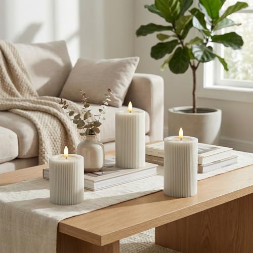 Cream Beige Fluted LED Pillar Candles Set of 3 - Flameless Dimmable Remote Safe Decor