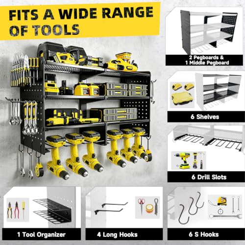 Black Power Tool Organizer Wall Mount 4-Tier Heavy Duty Storage Rack