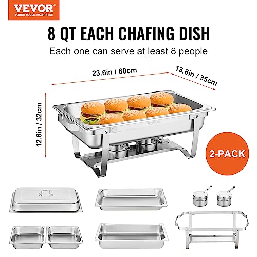 VEVOR 8 Qt Stainless Steel Chafing Dish Buffet Set 2 Pack with Pans & Lid
