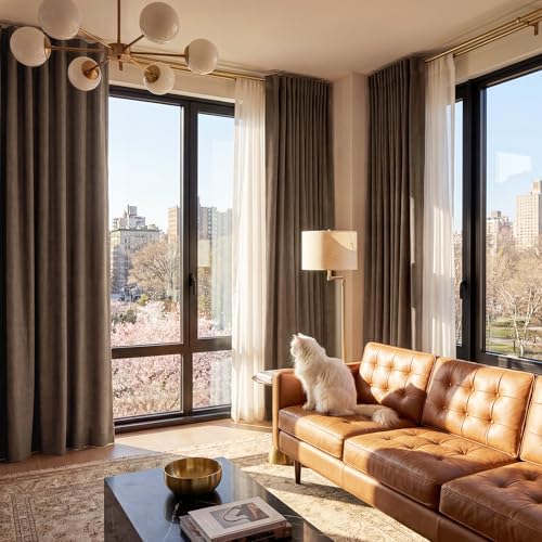RYB HOME Brown Blackout Curtains 52 x 96 Inches, Pack of 2, Linen-Textured, Thermal Insulated for Living & Dining Rooms
