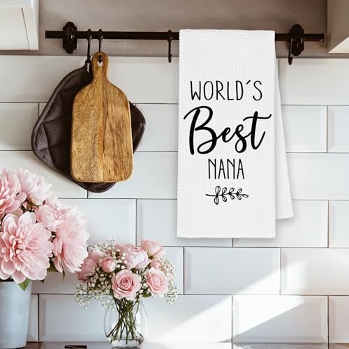 Best Nana Kitchen Towels - Christmas Hand Towels for Grandma, Mother's Day Gift, Rustic Leaf Black & White Dish Towel, 16x24in