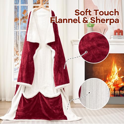 MAXEVE Heated Wearable Blanket with Foot Pocket & Sleeves - Wine, Long