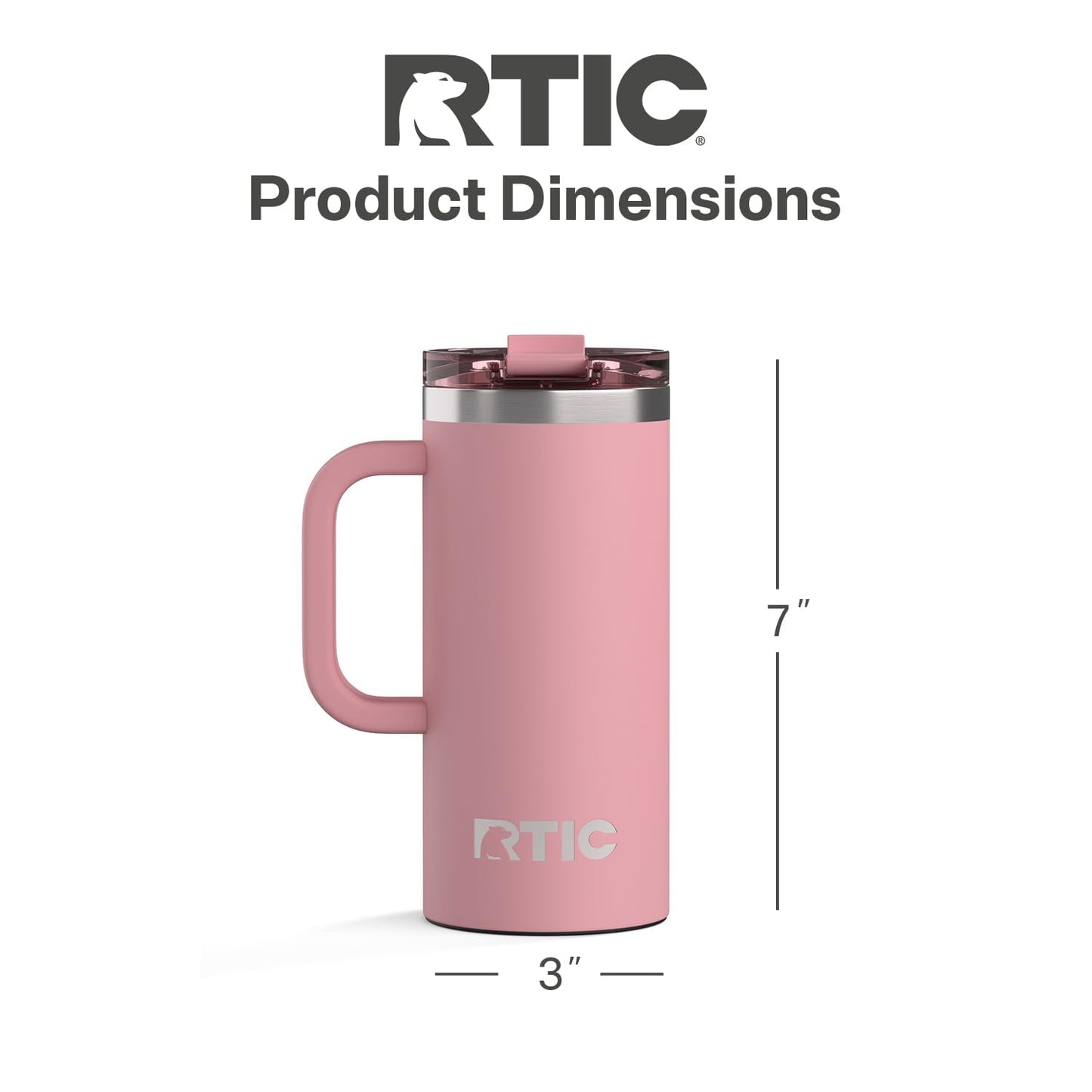 RTIC 16oz Road Trip Travel Mug with Lid and Handle, Ceramic Lined, Insulated, Stainless Steel, Metal, Double Wall Vacuum-Insulation, Portable Coffee, Tea Cup for Hot and Cold Drink, Dusty Rose