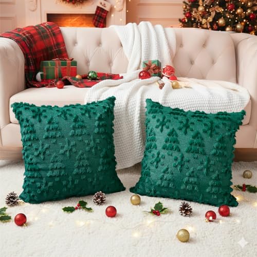 Faylapa Christmas Pillow Covers 16 x 16 inch Green Tree Set of 2