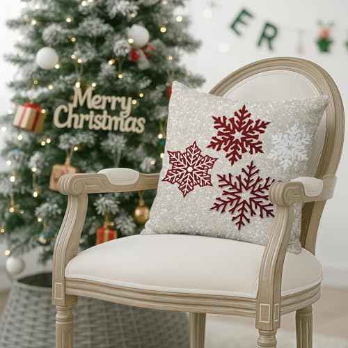 Emvency Throw Pillow Cover Christmas Sparkling Red Snowflakes Decorative Pillow Case Home Decor Square 16x16 Inch Cushion Pillowcase