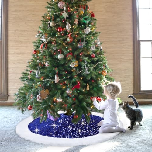 Dremisland 30 Inch Blue Sequin Christmas Tree Skirt with Faux Fur Edge