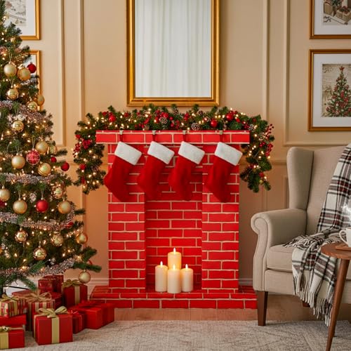 Fullhawl Bright Red Christmas Cardboard Fireplace 3D Brick Photo Backdrop, 35.5x29x8 in