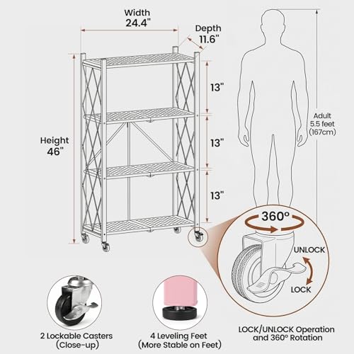 Pink 4-Tier Folding Metal Storage Shelf with Wheels - No Assembly