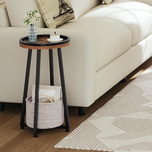 Rustic Brown Small Round Side Table with 2-Tier Design - Compact Sofa End Table