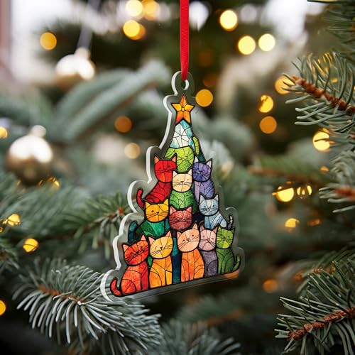 TTMerriwood Stained Glass Cat Christmas Tree Ornament - 4 Inch Acrylic Suncatcher