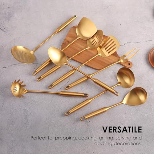 Gold Kitchen Utensils Set of 9 - 15 Inch All Metal Cooking Tools - Variation of 9-Pieces