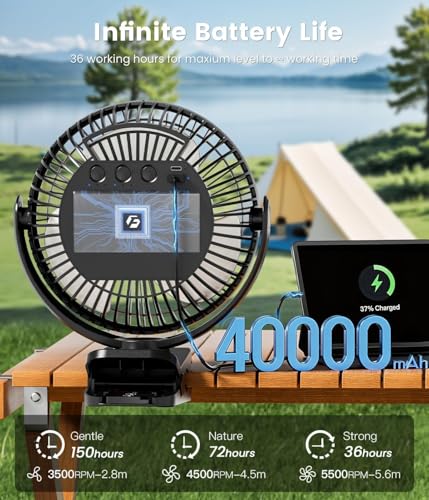 Portable 40000mAh Clip-On Fan for Golf Carts - Black, Up to 127Hrs Run Time