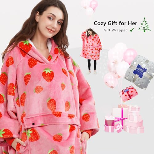 KFUBUO Wearable Blanket Hoodie for Adults with Pocket & Strawberry Print - Printing Strawberry Variant