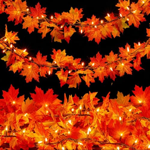 3-Pack Plug-In Fall Garland Lights with 50 Orange Incandescent Bulbs - 9FT Connectable Holiday Decor